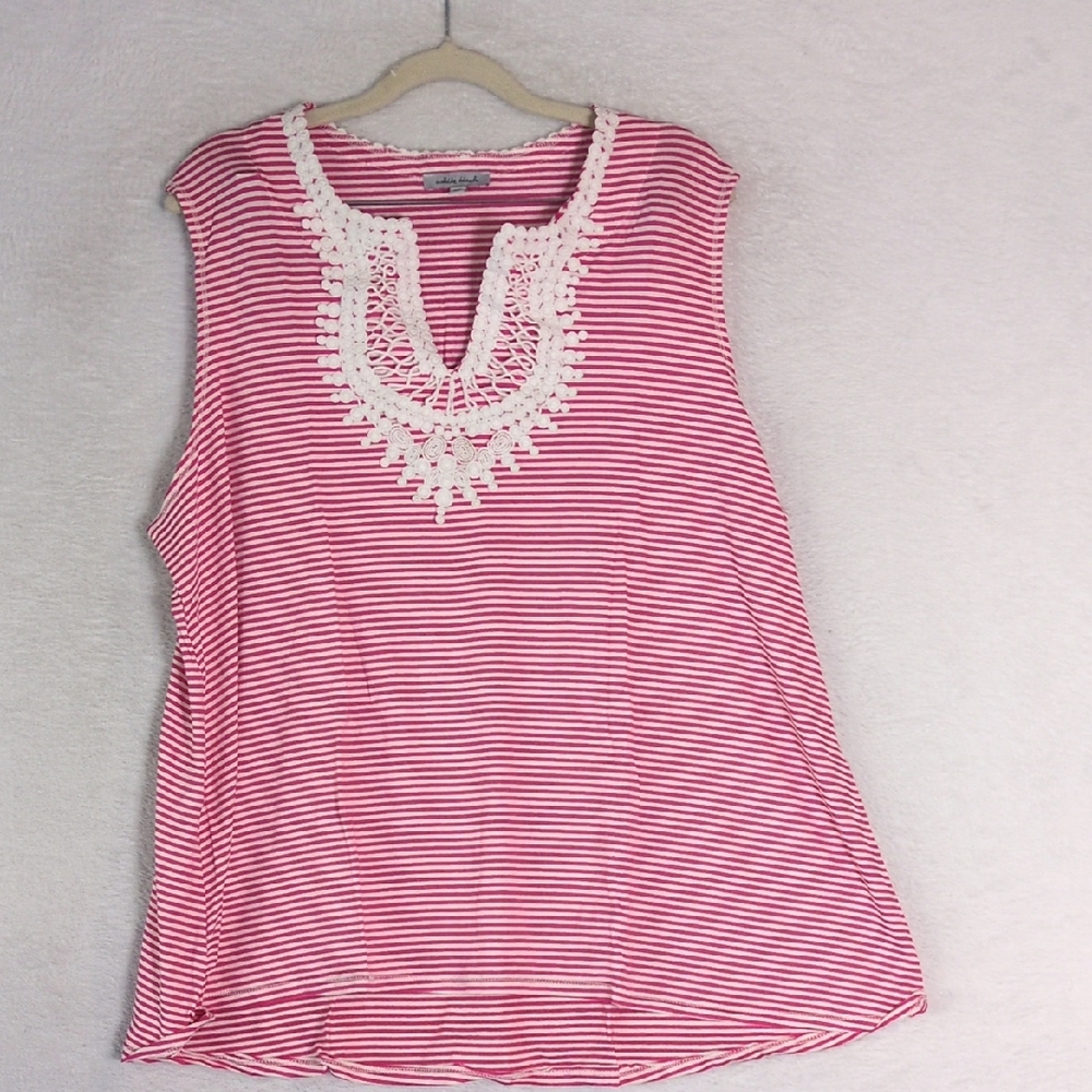 White Birch Women's‎ Pink & White Striped Lace Sleeveless Shirt Size 2X